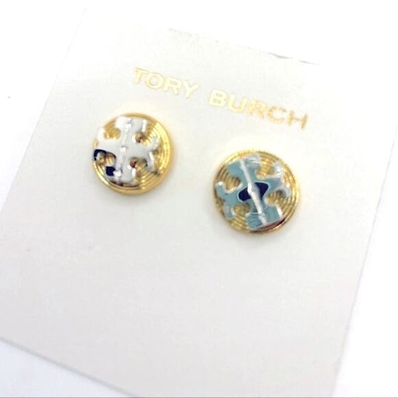 NWOT Tory Burch Gold,Silver Logo Circle Stud Earrings - Picture 2 of 4